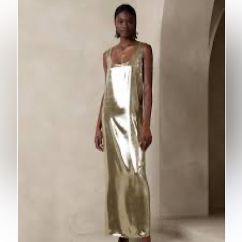 NWT retail $200 size XS. Banana Republic. Gold Metallic Maxi Dress